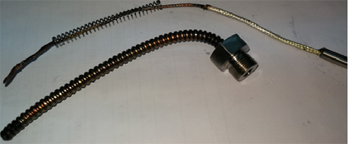 Pt100铂热电阻引线烧断位置分解后内外部烧毁情况