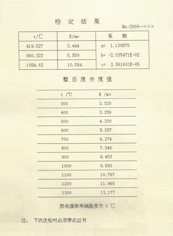 标准铂铑10-铂热电偶检定证书背面格式