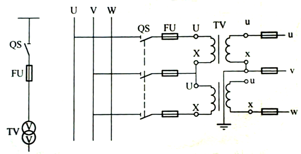 两个单相电压互感器V/V接线