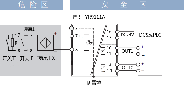 YR9111-EX 和YR9116-EX 开关量安全栅接线图 YR9111-EX 和YR9116-EX 开关量安全栅接线图