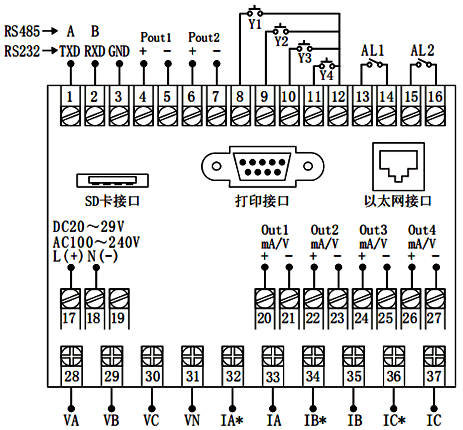 120×120mm外形尺寸电能质量分析仪接线图