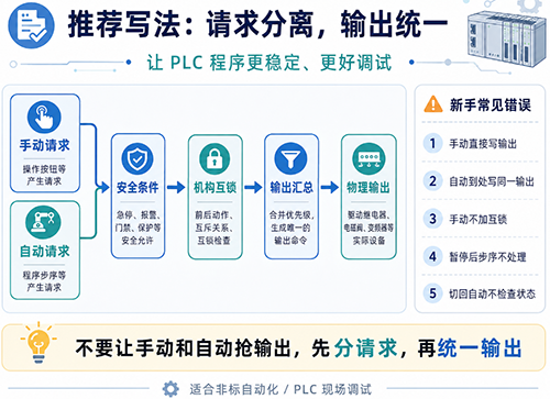 PLC程序中手动和自动只提请求,输出统一管理 PLC程序中手动和自动只提请求,输出统一管理